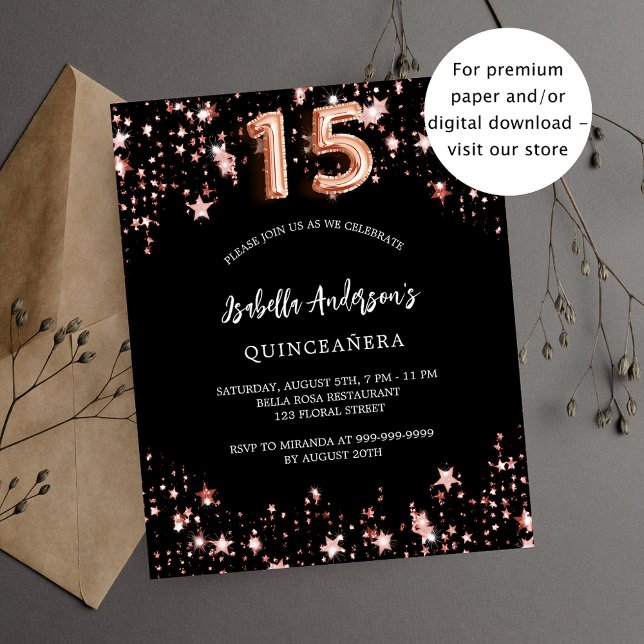 Quinceanera black rose gold stars invitation (Creator Uploaded)
