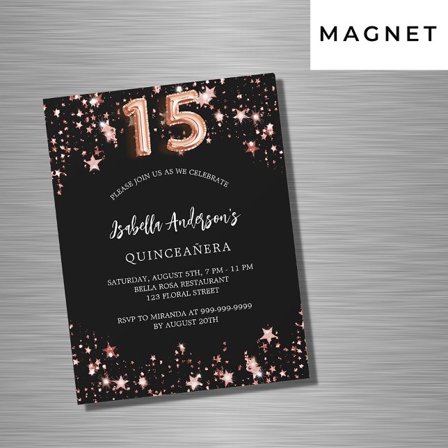 Quinceanera black rose gold stars luxury magnetic invitation (Creator Uploaded)