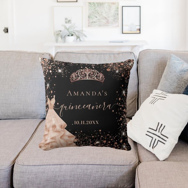 Quinceanera black rose gold tiara dress name cushion (Creator Uploaded)