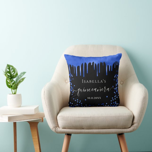 Quinceanera black royal blue glitter name cushion (Chair)
