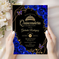 Quinceanera Black Royal Blue Gold Floral