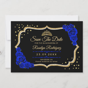 Quinceanera Black Royal Blue Gold Floral Save The Date