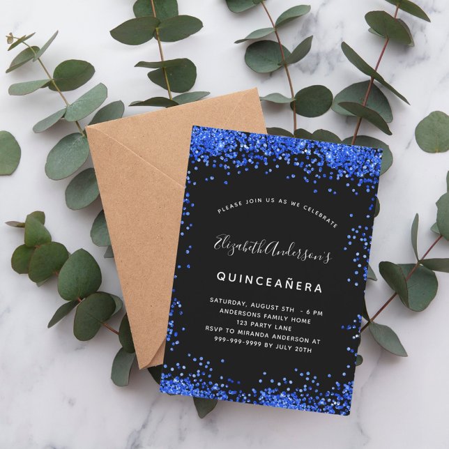 Quinceanera black royal blue luxury party invitation (Creator Uploaded)