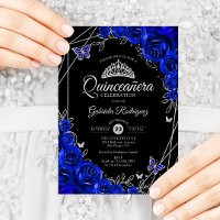 Quinceanera Black Royal Blue Silver Floral