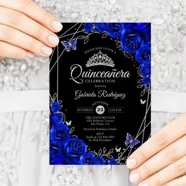 Quinceanera Black Royal Blue Silver Floral Invitation (Creator Uploaded)