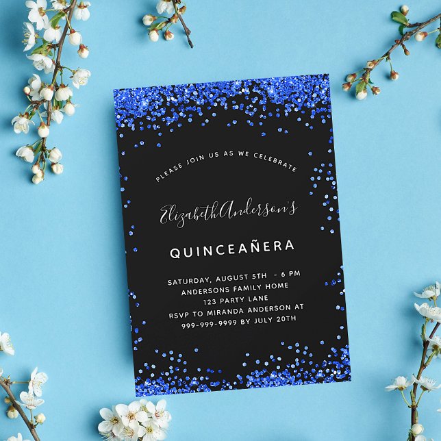 Quinceanera black royal blue sparkles party invitation (Creator Uploaded)