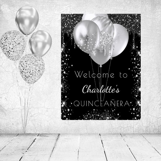 Quinceanera black silver glitter welcome poster (Creator Uploaded)