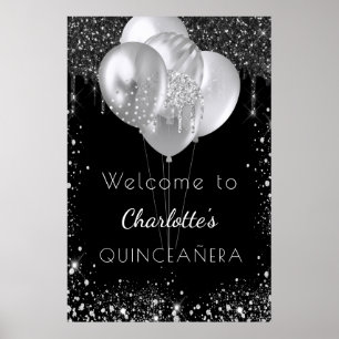 Quinceanera black silver glitter welcome poster