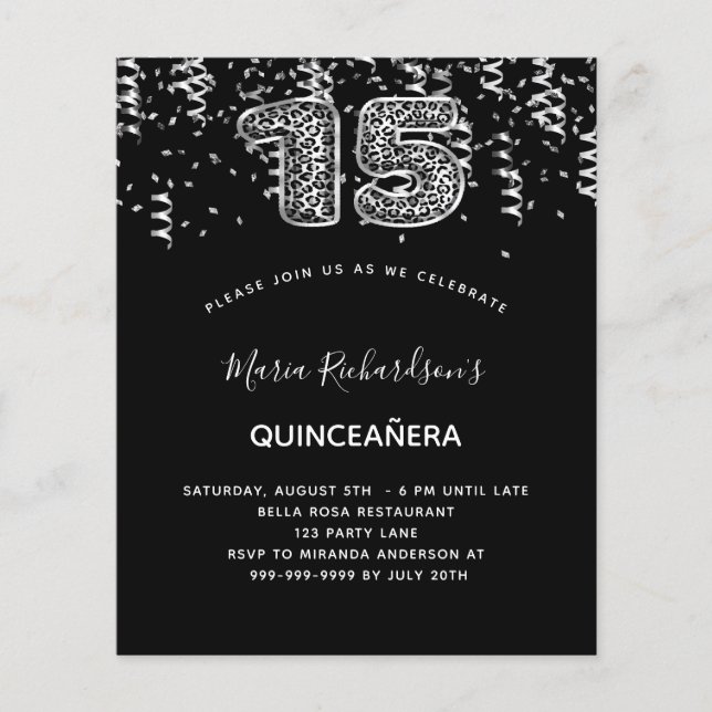 Quinceanera black silver leopard budget invitation (Front)