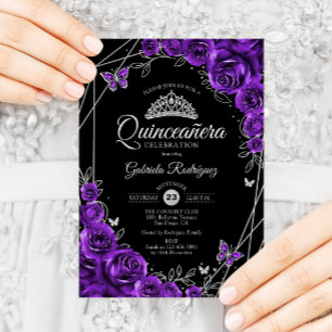 Quinceanera Black Silver Purple Floral Invitation