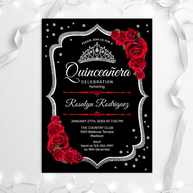 Quinceanera - Black Silver Red Invitation (Creator Uploaded)