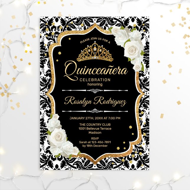 Quinceanera - Black White Gold Invitation (Creator Uploaded)