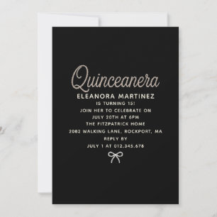 Quinceanera Black White Pearl Script Bow Invitation