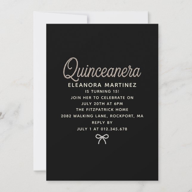 Quinceanera Black White Pearl Script Bow Invitation (Front)