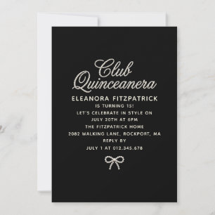 Quinceanera Black White Pearl Script Bow Invitation