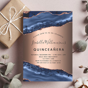 Quinceanera blue agate marble rose gold invitation