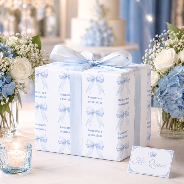 Quinceanera blue bow pearls wrapping paper (Creator Uploaded)