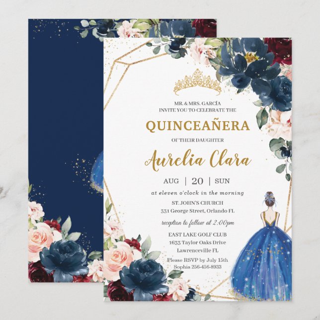 Quinceañera Blue Burgundy Blush Floral Princess  I Invitation (Front/Back)