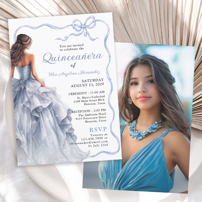 Quinceañera Blue Dress Scalloped Ribbon Bow Photo Invitation (Invitation available in both printed and instant download digital formats.)