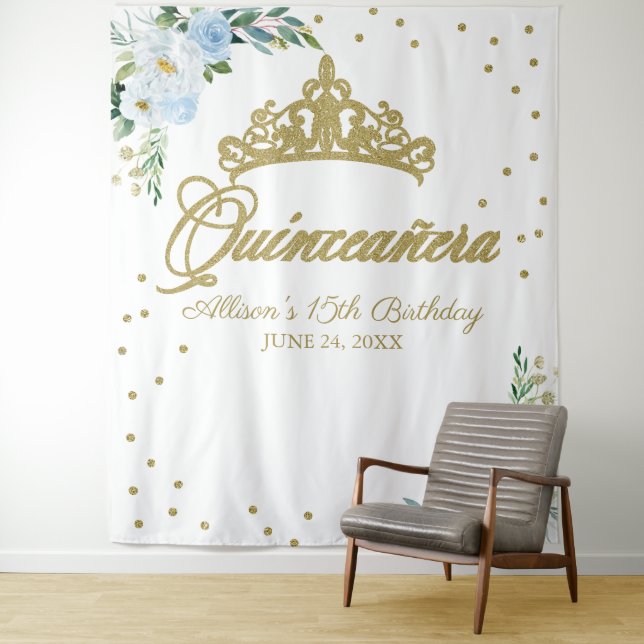Quinceanera Blue Floral Backdrop Tapestry (In Situ)
