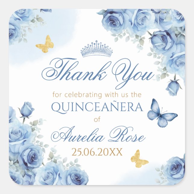 Quinceañera Blue Floral Gold Butterfly Tiara Square Sticker (Front)