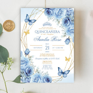 Quinceañera Blue Floral Gold Frame Butterfly Crown Invitation