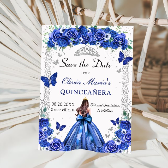 Quinceañera Blue Floral Princess Butterflies Photo Save The Date (Creator Uploaded)