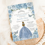 Quinceañera Blue Floral Silver Butterflies Blonde Invitation<br><div class="desc">Personalise this lovely quinceañera invitation with own wording easily and quickly,  simply press the customise it button to further re-arrange and format the style and placement of the text.  Matching items available in store!  (c) The Happy Cat Studio</div>