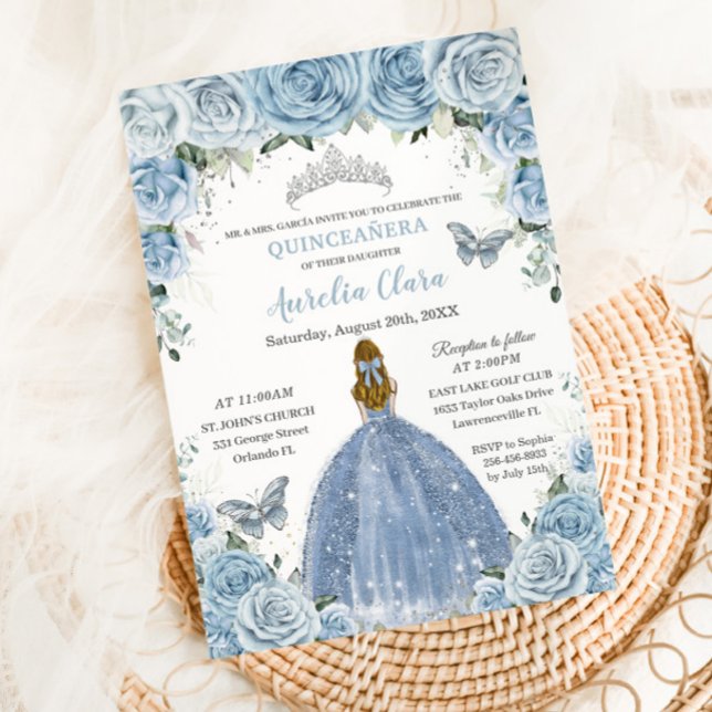 Quinceanera Blue Floral Silver Butterflies Blonde Invitation (Creator Uploaded)
