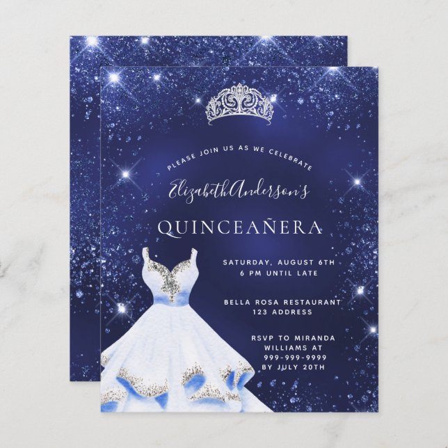Quinceanera blue glitter dress invitation (Front/Back)
