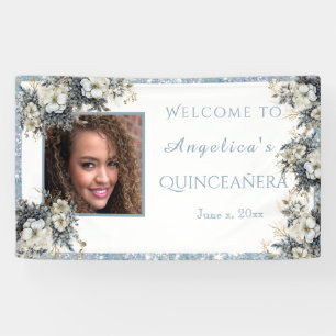 Quinceanera Blue Glitter Watercolor Flowers Banner
