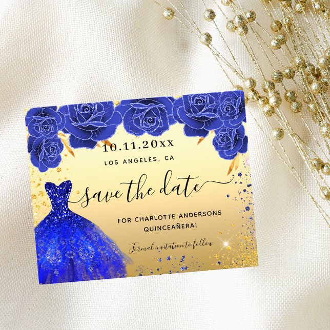 Quinceanera blue gold dress budget save the date flyer (Creator Uploaded)