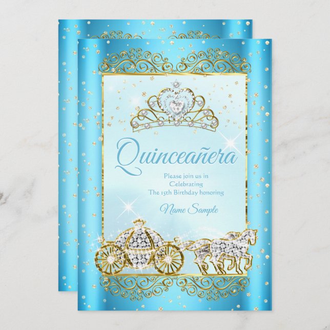 Quinceanera  Blue Gold fairytale Cinderella Invitation (Front/Back)