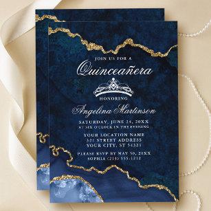 Quinceanera Blue Gold Marble Agate Geode Invitation