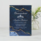 Quinceanera Blue Gold Marble Agate Geode Invitation (Standing Front)