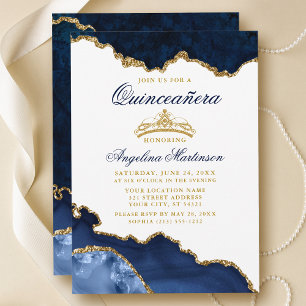 Quinceanera Blue Marble Gold Crown Invitation