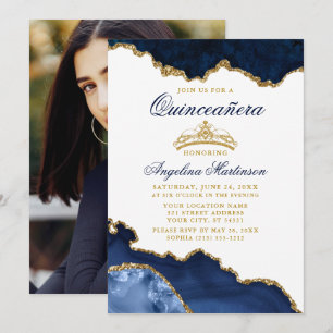 Quinceanera Blue Marble Gold Crown Photo Invitation