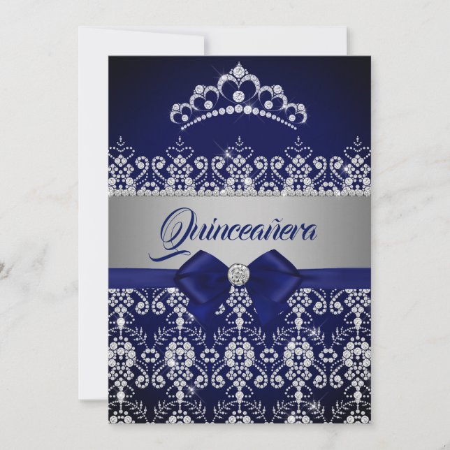 Quinceanera Blue Navy Sparkle Diamond Tiara Bow Invitation (Front)