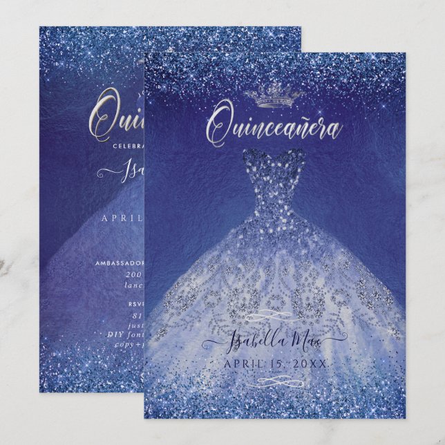 Quinceanera Blue Ombre Glitter Gown Invitation (Front/Back)
