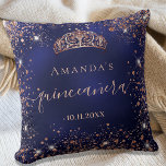 Quinceanera blue rose gold tiara name script cushion<br><div class="desc">For an elegant Quinceañera,  15th birthday.  A stylish blue background colour,  the blue colour is uneven. Decorated with rose gold faux glitter dust, a tiara crown. Personalise and add a name,  age and a date. Quinceañera is written with a modern hand lettered style script with swashes.</div>