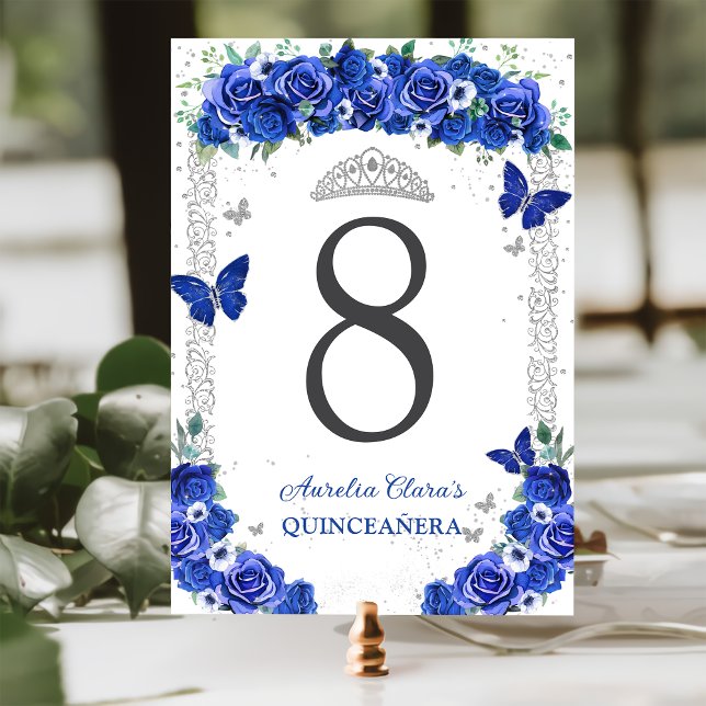 Quinceañera Blue Roses Floral Silver Butterflies Table Number (Creator Uploaded)
