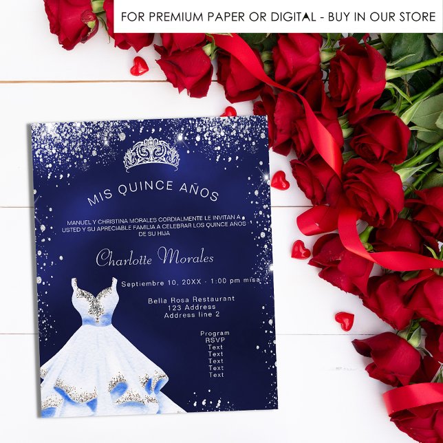 Quinceanera blue silver dress tiara invitation (Creator Uploaded)