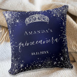 Quinceanera blue silver glitter tiara name script cushion<br><div class="desc">For an elegant Quinceañera,  15th birthday.  A stylish blue background colour,  the blue colour is uneven. Decorated with faux silver glitter dust, a tiara crown. Personalise and add a name,  age and a date. Quinceañera is written with a modern hand lettered style script with swashes.</div>