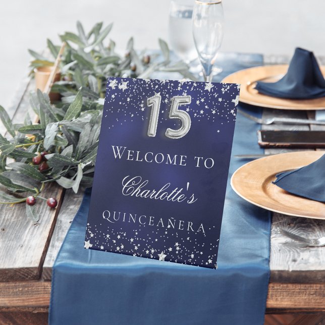 Quinceanera blue silver stars welcome party pedestal sign (Creator Uploaded)