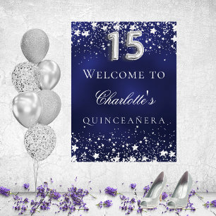 Quinceañera blue silver stars welcome party poster