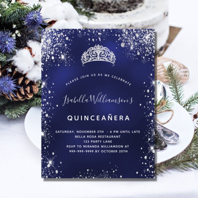 Quinceanera blue silver tiara budget invitation flyer (Creator Uploaded)