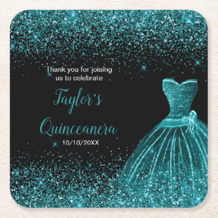 Quinceanera Blue Teal Faux Glitter Square Paper Coaster