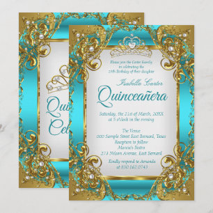 Quinceanera Blue Teal Golden Pearl Tiara Party Invitation