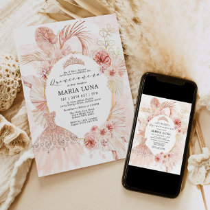 Quinceañera Blush Boho Floral Pampas Grass Dress Invitation