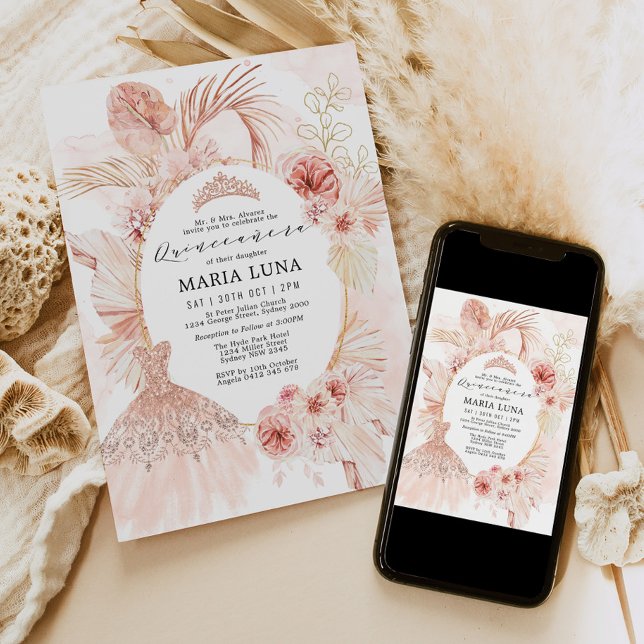 Quinceañera Blush Boho Floral Pampas Grass Dress Invitation (Creator Uploaded)